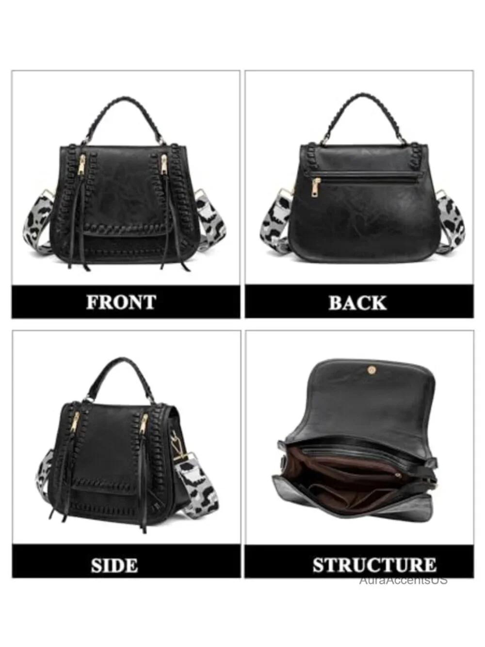 Faux Leather Vintage Crossbody Bag Multi-Pocket Zipped Handbag with Leopard